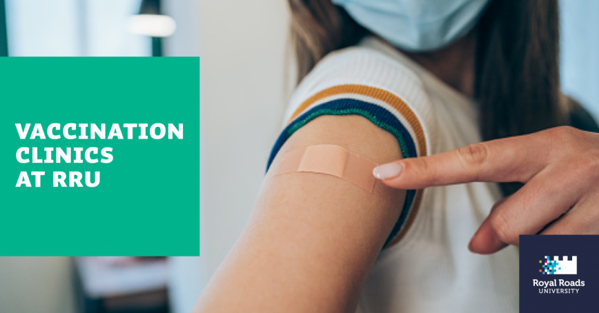A person points at a small post-vaccination bandage on their arm. The text reads